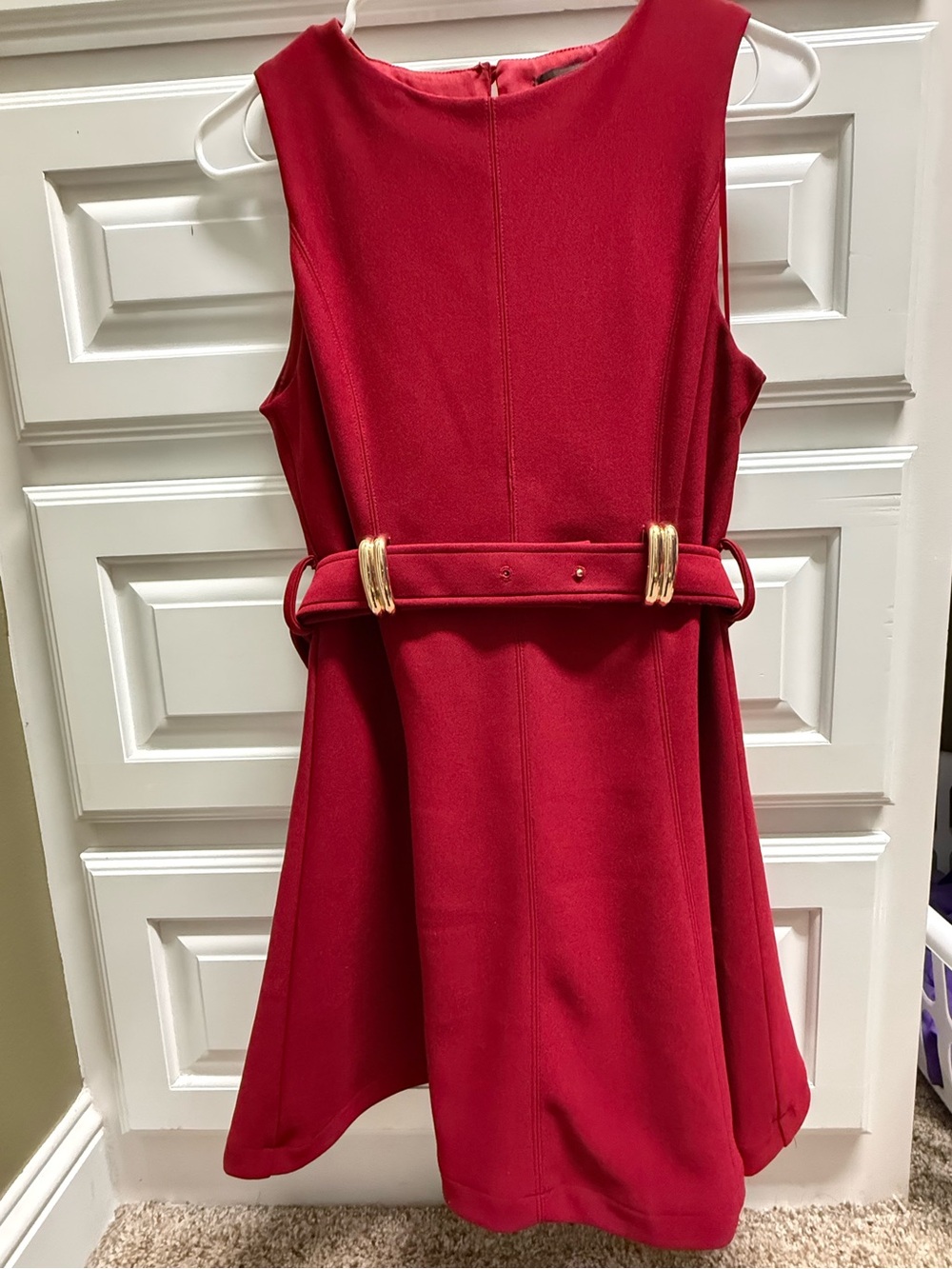 Red Sleeveless Belted Fit-and-Flare Dress